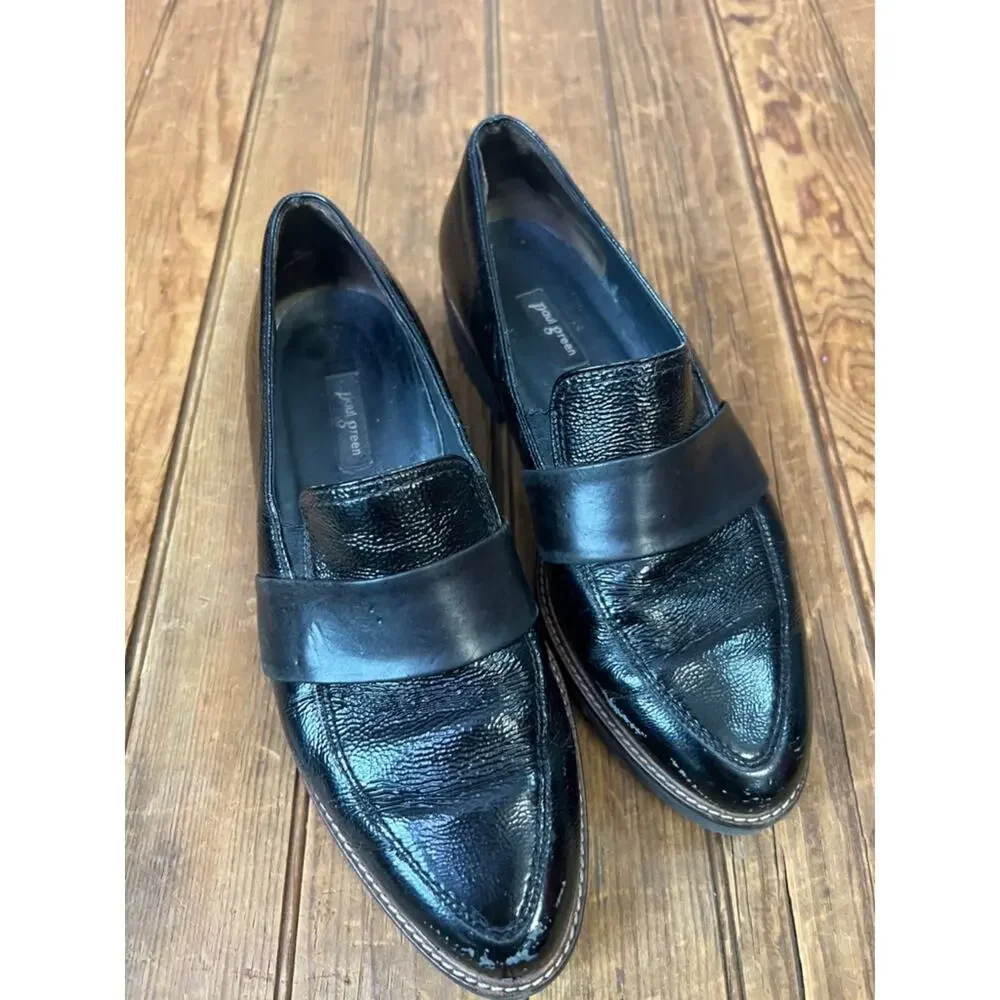 Paul Green women’s shoes Glossy Black patent leather Pointed-Toe chunky Loafers